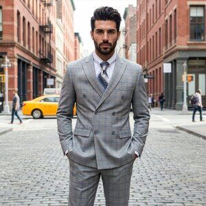 New 2026 Mens 2pc Plaid Windowpane Light Grey Suit Set, Hybrid Fit